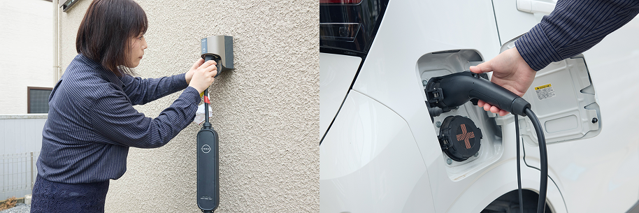 サクラへの充電はEV用コンセントに充電ケーブルを挿すだけ。M.Mさんの自宅は室内からも充電のオン・オフができるため、夜間などでも気軽に使えるのが嬉しいとのこと