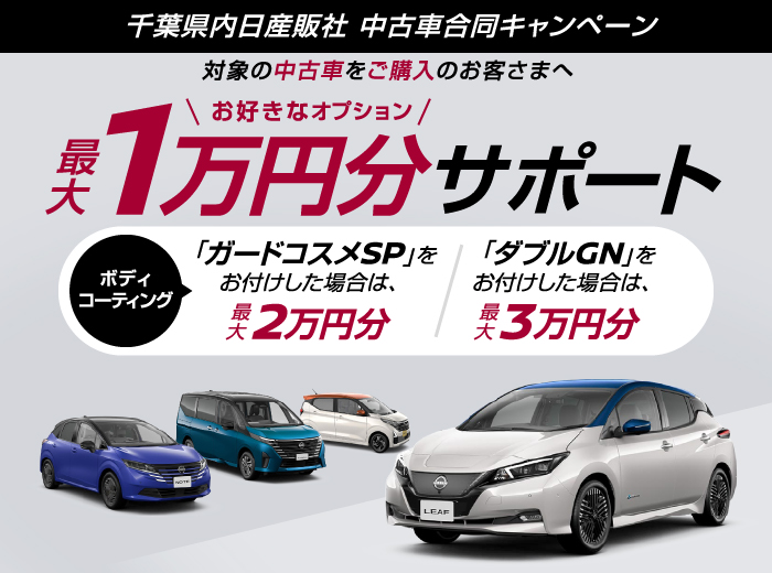 キャンペーンコードを入力してお問い合わせ・対象販売店で中古車をご購入いただいたお客さま全員に、オプション最大3万円分サポート！