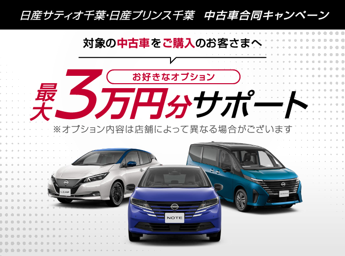 キャンペーンコードを入力してお問い合わせ・対象販売店で中古車をご購入いただいたお客さま全員に、オプション最大3万円サポート！