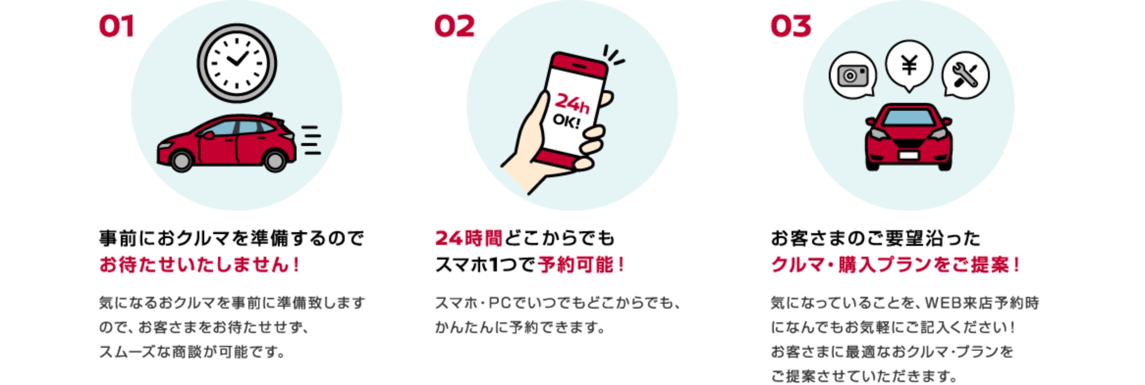 01 事前におクルマを準備するのでお待たせいたしません! 02 24時間どこからでもスマホ1つで予約可能! 03 お客さまのご要望沿ったクルマ・購入プランをご提案!