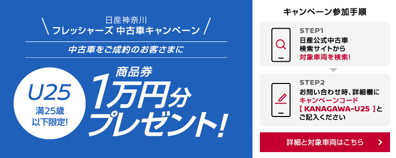 日産神奈川販売株式会社 中古車をご成約いただいた満25歳以下のお客さまに商品券1万円分をプレゼント